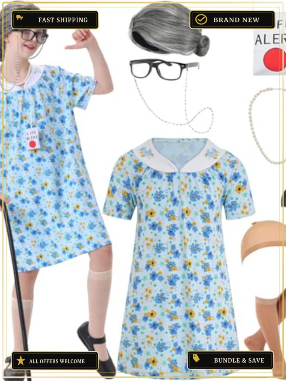 Kids 100 Days of School Old Lady Costume Set Dress Wig Grandma Dress Up